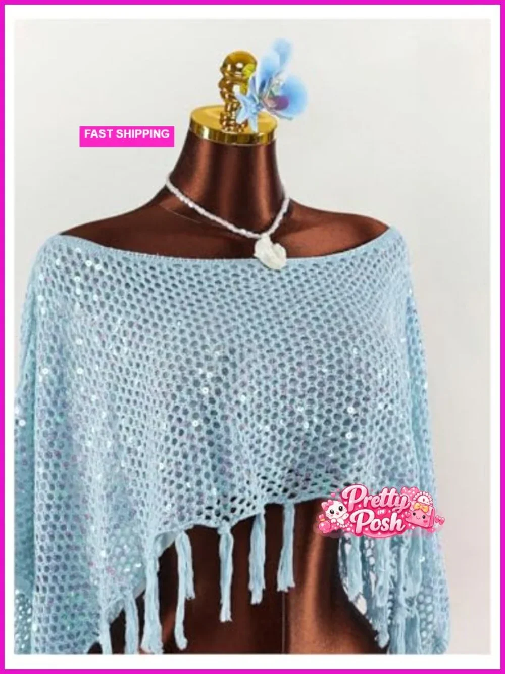 Sparkly Crochet Beach Cover Up Poncho Tops with Fringe